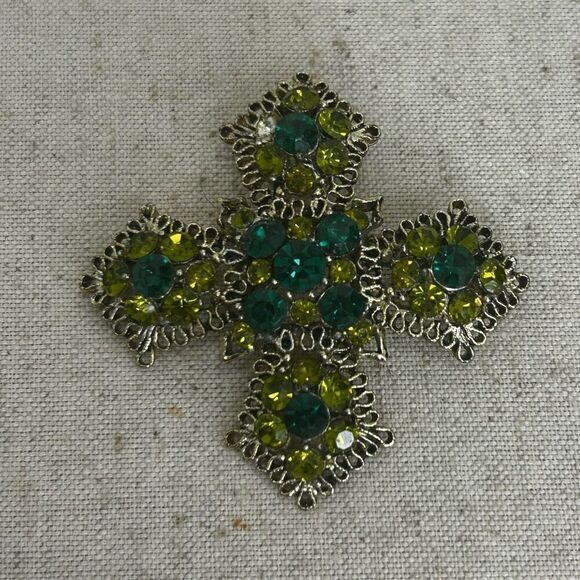 Vintage Cross Brooch Womens Green & Gold-tone Floral Maltese Filigree Rhinestone - Picture 5 of 6